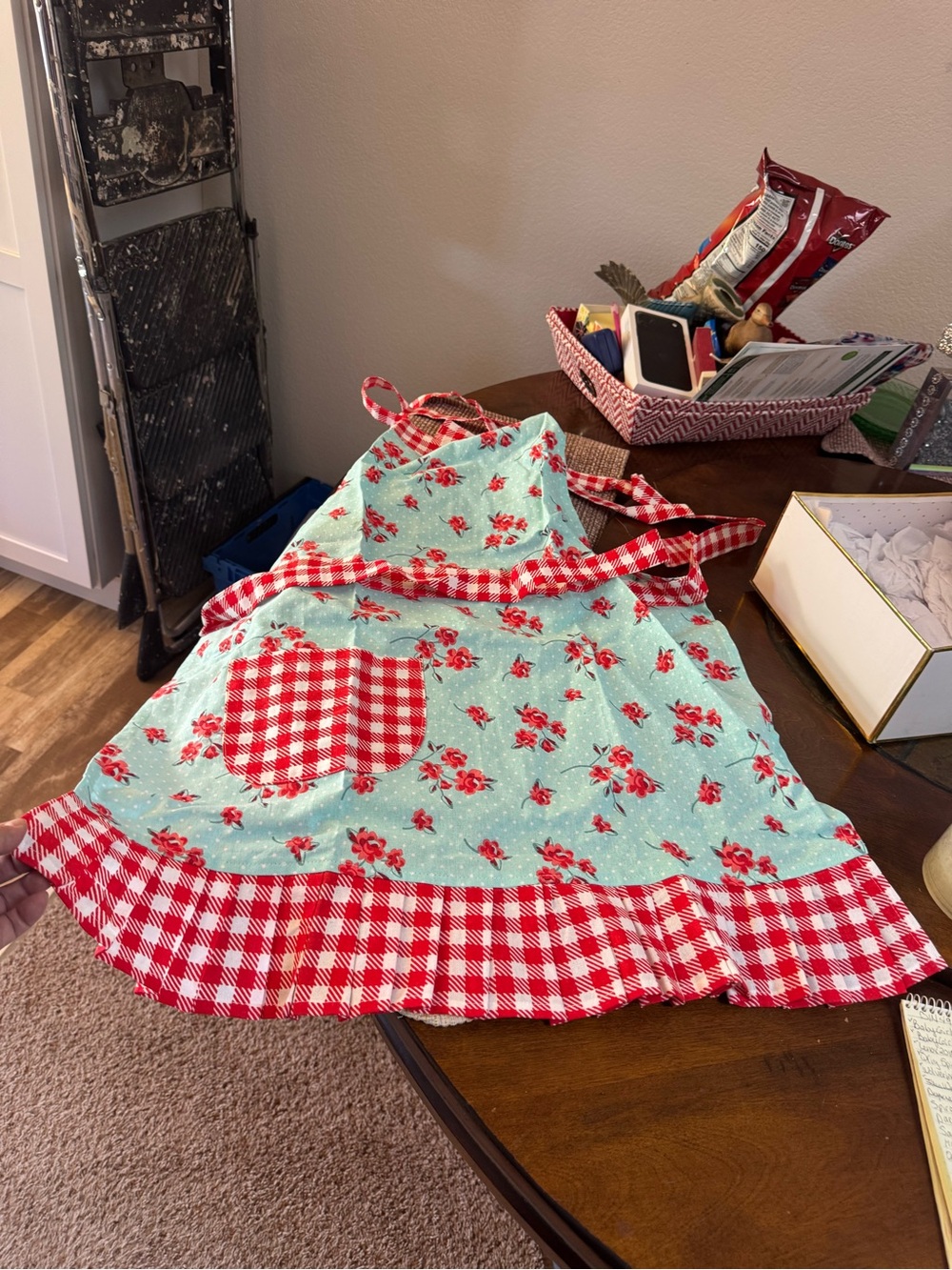 Super Cute Vintage Style Apron Blue & Red Front Pocket Ruffle on Bottom